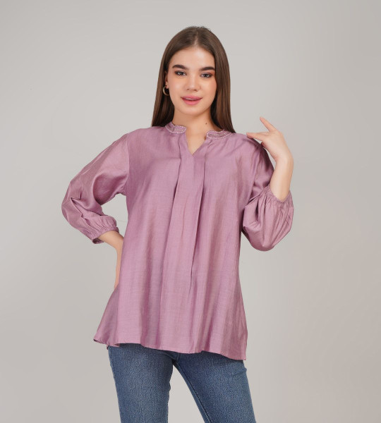 Women Gathered or Pleated V-Neck Regular Sleeves Cotton Top