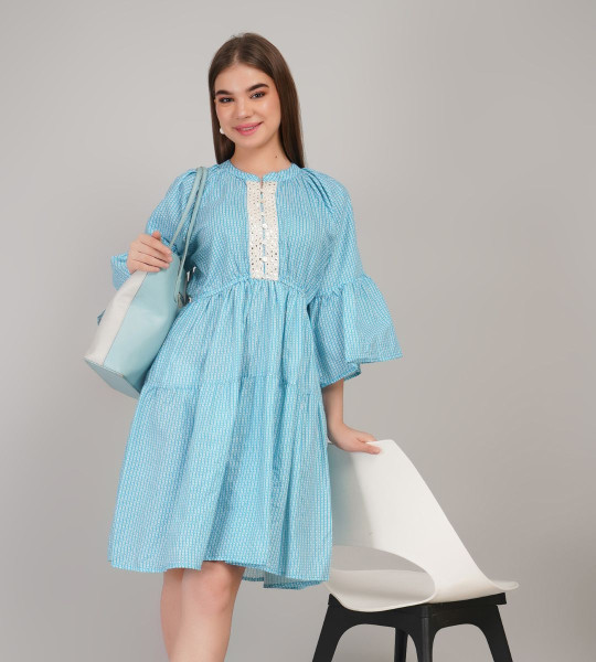 Women Checked Flared Sleeve Gathered or Pleated Tiered A-Line Dress
