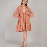 Women Floral Printed Mandarin Collar Flared Sleeve A-Line Dress