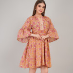 Women Floral Printed Mandarin Collar Flared Sleeve A-Line Dress