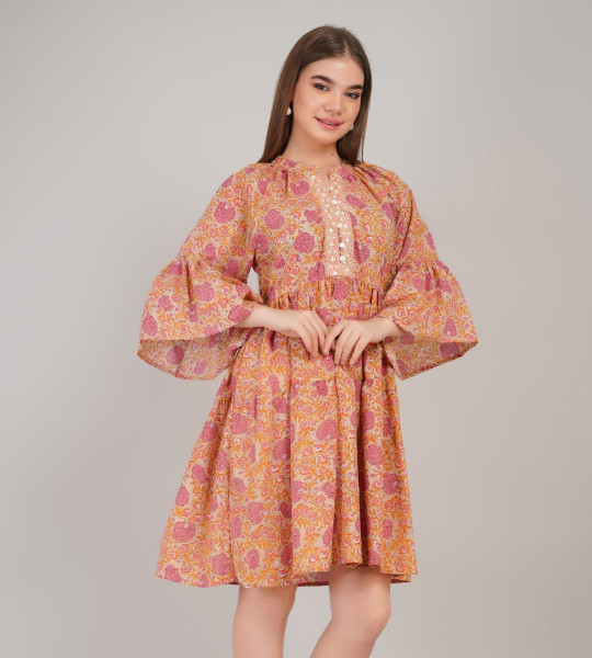 Women Floral Printed Mandarin Collar Flared Sleeve A-Line Dress