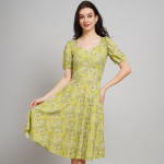 Women Floral Print Sweetheart Neck Puff Sleeve A-Line Dress
