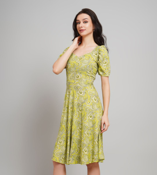 Women Floral Print Sweetheart Neck Puff Sleeve A-Line Dress