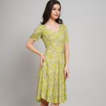 Women Floral Print Sweetheart Neck Puff Sleeve A-Line Dress