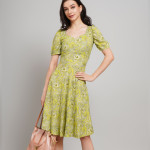Women Floral Print Sweetheart Neck Puff Sleeve A-Line Dress