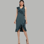 Women Solid Ruffles Sheath Midi Dress