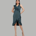 Women Solid Ruffles Sheath Midi Dress