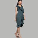 Women Solid Ruffles Sheath Midi Dress