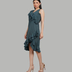 Women Solid Ruffles Sheath Midi Dress