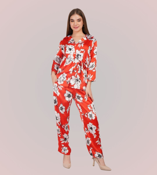 Printed Shawl Neck Satin Shirt With Trouser