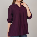 Women Embellished Mandarin Collar Cotton Top