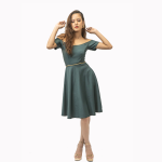 Pine Fresh Off Shoulder Elegant Vintage Slim Fit And Flare Midi Swing Dress